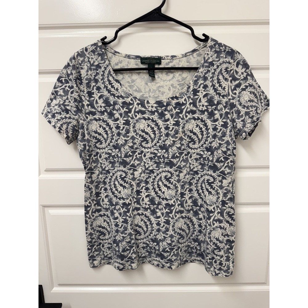 LRL Lauren Jeans Co Boho Floral Short Sleeve Knit Top Navy White Small